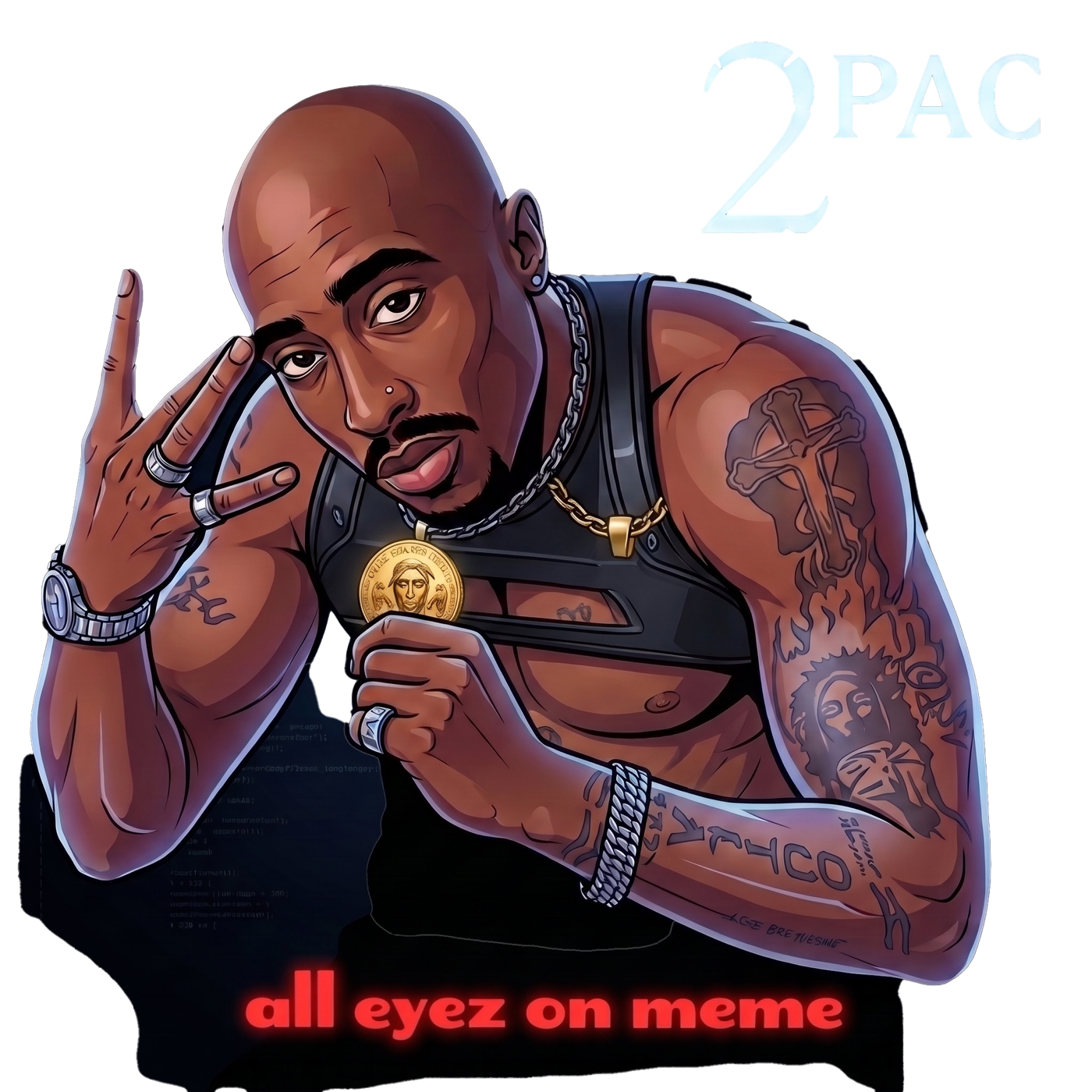Illustrated portrait of Tupac holding the tribute coin
