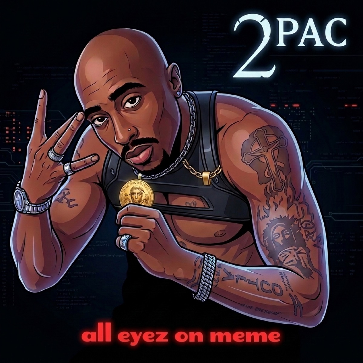 Illustrated portrait of Tupac holding the tribute coin
