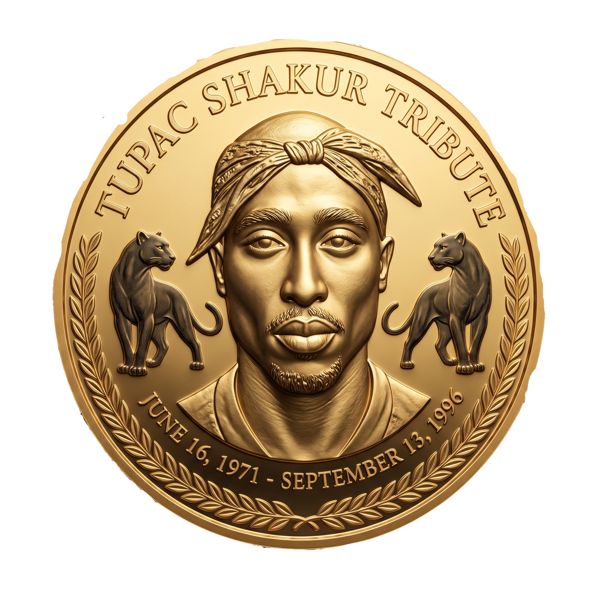 Tupac Shakur tribute coin, flanked by two panthers